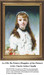 A young girl with long brown hair and a white dress holds a basket of pink flowers, brought to life as a counted cross stitch pattern.