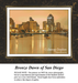 A detailed counted cross-stitch pattern preview of the cityscape artwork, "Bronze Dawn of San Diego." The serene monochromatic design showcases the illuminated San Diego skyline and harbor boats reflected in calm waters beneath a warm bronze and sepia-toned morning sky.