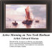 A tranquil morning scene of fishermen on sailboats and canoes in New York Harbour, designed as a counted cross stitch pattern, perfect for your next.