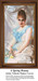 A young woman in a white gown with a light blue wrap holds a bouquet of flowers, available as a counted cross stitch pattern.