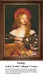 A woman with long hair and a golden halo wears richly patterned silk and pearls, designed as a counted cross stitch kit by Frank Cadogan Cowper.