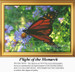 A monarch butterfly rests on a blue flower among greenery, come to life as a counted cross stitch design.