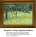 A detailed counted cross-stitch pattern preview of the fine art landscape artwork, "Barefoot Through Spring Meadows." The serene design showcases a sunny meadow vibrant with yellow wildflowers beneath the shady boughs of gnarled woodland trees.
