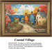 A detailed counted cross-stitch pattern preview of the coastal landscape artwork, "Coastal Village." The charming design depicts a winding path leading through a colorful seaside village with vibrant autumn trees overlooking a deep blue sea dotted with white sailboats.
