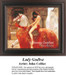 A nude woman rides a horse in a historical street, arranged as a counted cross stitch design by artist John Collier.