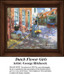 Two girls with wicker baskets sell flowers in a sunny town square, come to life as a counted cross stitch design by George Hitchcock.