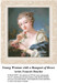 A young woman with brown eyes and a pleasant expression holds a pink rose, arranged as a counted cross stitch design by Francois Boucher.