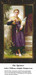 A young woman leans on a stone banister holding a spool, arranged as a counted cross stitch design by artist William-Adolphe Bouguereau.