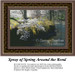 A scenic view of trees with white blossoms and yellow Forsythia cascading over a brook, arranged as a counted cross stitch design.