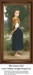 A girl stands with a stick beside a flock of white geese in a natural setting, framed as a counted cross stitch chart.