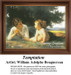 A woman and baby lie in grass under a tree, the mother holding an apple, translated into a counted cross stitch design.