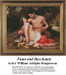 A faun and a bacchante exchange glances in a lush landscape, reimagined as a counted cross stitch pattern by William-Adolphe Bouguereau.