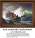 A group of seals bask on rocky outcrops amidst crashing waves and sea spray, frozen in time as a counted cross stitch pattern.