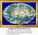 Two doves are stitched together in a ring of blue flowers and white ribbon, arranged as a counted cross stitch design.