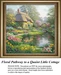 A detailed counted cross-stitch pattern preview of the painting "Floral Pathway to a Quaint Little Cottage." The Romantic Impressionist garden scene depicts a thatched-roof home, a stone bridge over a quiet pond, and a path lined with vivid flowers, capturing tranquil serenity.