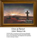 A cross stands prominently in the foreground against a sunset, with rays of light illuminating the scene, in this digital pattern by Thomas Cole.