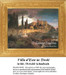 A hilltop villa surrounded by cypress trees and classical walls at dusk, designed as a cross stitch project from Oswald Achenbach's painting.