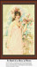 A young woman in Victorian dress holds a bouquet of roses, preserved as a counted cross stitch pattern, set against a soft background.