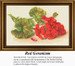 A vibrant red geranium flower with lush green and brown leaves, illustrated as a counted cross stitch digital file, ready to brighten any wall.