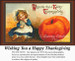 A little girl sits next to a large pumpkin wishing everyone a Happy Thanksgiving, reimagined as a counted cross stitch pattern.