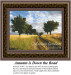 A winding road surrounded by tall, golden grass and trees under a blue sky is presented as a cross stitch pattern named Autumn is Down the Road.
