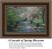 A serene scene with a stream flowing through a ravine lined with trees heavy with pink and white blossoms, designed as a large cross stitch pattern.