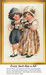 A boy in a blue hat and overalls stands beside a girl in a floral dress holding a house, come to life as a counted cross stitch design.