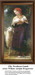 A young shepherdess holds a newborn lamb while walking alongside a trusting ewe, framed as a counted cross stitch chart.