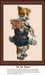 A dapper dog dressed in a blue outfit holds a bouquet of flowers and a gift, framed as a counted cross stitch chart.