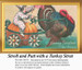 A child rides in a pumpkin carriage pulled by a proud turkey, frozen in time as a counted cross stitch pattern.