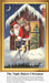 Santa Claus carefully balances on a snow-covered roof, peering into a window as he leaves gifts behind. It's featured as a counted cross stitch chart.