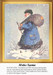 A Santa figure dressed in humble clothing walks through a snowy landscape, carrying a sack on his back in this cross stitch chart titled Hobo Santa.