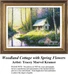 A detailed counted cross-stitch pattern preview of the painting "Woodland Cottage with Spring Flowers." The Luminist landscape design features a cozy wooden cabin tucked among birch trees and spring blooms beside a quiet forest stream, capturing enchanted solitude.