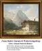 A rustic farm sits against a majestic mountain backdrop, created as a counted cross stitch pattern by artist Johann Heinrich Burkel.