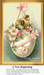 Two baby chicks peeking out of a decorated Easter egg surrounded by flowers and ribbons, offered as a downloadable pattern for stitching.
