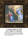 A large counted cross stitch of the Annunciation, featuring the Virgin Mary and an angel in blue, inspired by Philippe de Champaigne's 1644 painting.