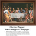 A group of disciples sits around a table with Jesus for their last supper, depicted in this counted cross stitch design by Philippe de Champaigne,.