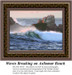 Waves break against rocky shores under a soft sky, available as a counted cross stitch pattern for ocean lovers and crafters alike.