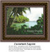 A tropical lagoon with lush greenery and palm trees frames a serene waterscape, designed as a large counted cross stitch pattern by Sunrays Creations.