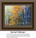 A vibrant fall landscape with golden leaves against contrasting tree trunks, offered as a counted cross stitch kit for your seasonal decor.