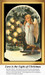 An angel decorates a Christmas tree with pearl garland, while a deer rests beside her, all in a cross stitch chart with frosted branches above.
