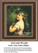 A young girl in a work dress poses with a wreath of green leaves and white flowers, rendered as a cross stitch chart by Fritz Zuber-Buhler.