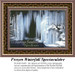 A frozen waterfall surrounded by ice formations and trees, shown as a large cross stitch pattern suitable for winter stitching projects.