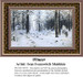 A snowy forest scene by Ivan Ivanovitch Shishkin, designed as an xstitch chart, features tall trees blanketed in white against a gray sky.