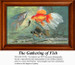 A group of colorful fish including a goldfish, a guppy, and a black molly swim at the bottom of a pond, ideal for an xstitch kit.
