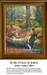 A jester and a young woman converse while sitting on a moss-covered log in a lush forest, presented as a cross stitch pattern by John Collier.