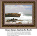 Waves crash against a rocky coastline under a cloudy sky, immortalized as a counted cross stitch pattern.