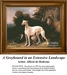 A detailed counted cross-stitch pattern preview of Alfred de Dreux's painting, "A Greyhound in an Extensive Landscape." The French Romantic sporting design depicts a sleek white greyhound standing against a dramatic, expansive countryside, capturing noble majesty.