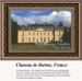 A detailed cross stitch PDF chart of the Chateau de Button, showcasing its yellow facade, slate roof, and surrounding greenery under a cloudy sky.