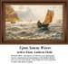 Several sailboats navigate choppy waters on a sunny day, composed as a counted cross stitch pattern by artist Hans Andreas Dahl.
